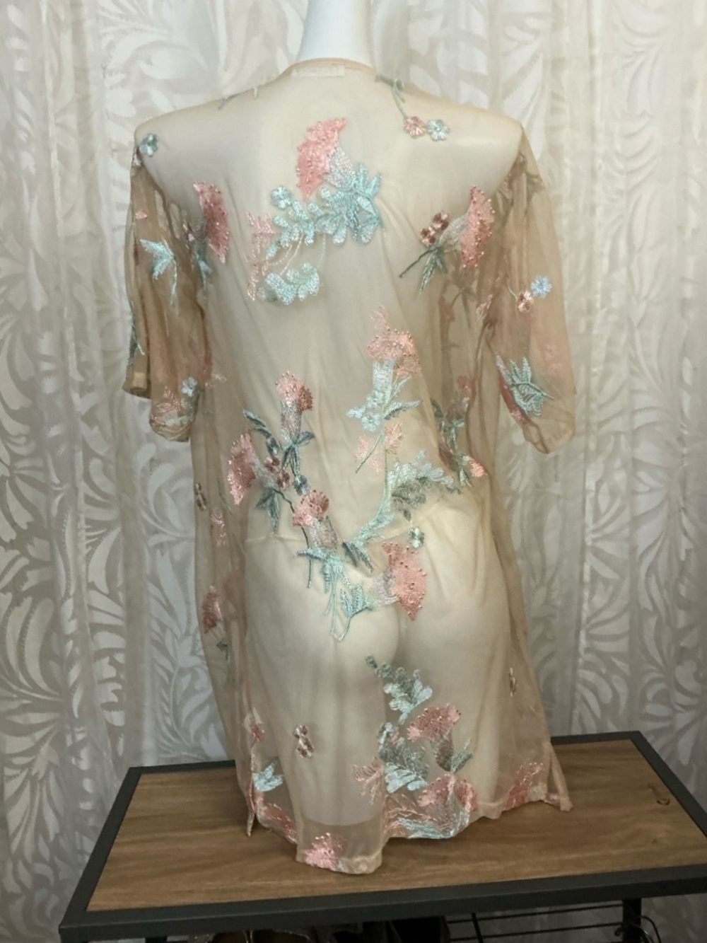 GLANCE Sheer Embroidered Mesh Cover Up Robe— Nude with Pink & Mint Floral